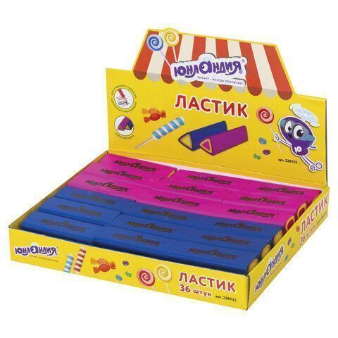 Ластик 44х15х15мм, цвет ассорти, треугольный ЮНЛАНДИЯ Candy 1/36