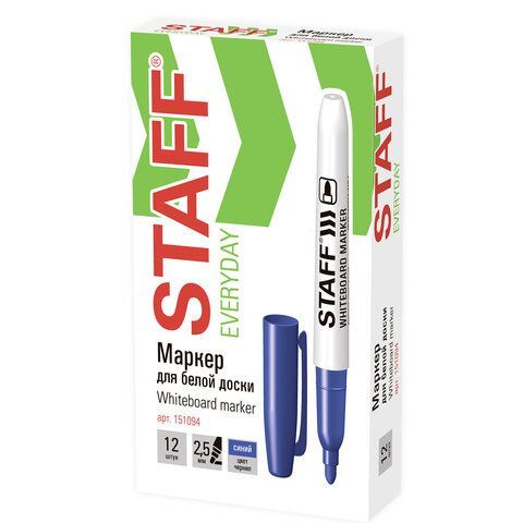 Маркер для доски синий 2,5мм тонкий корпус круглый наконечник STAFF 1/12 Маркер для доски синий 2,5мм тонкий корпус круглый наконечник STAFF 1/12