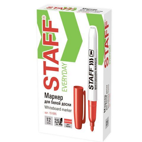Маркер для доски красный 2,5мм тонкий корпус круглый наконечник STAFF 1/12 Маркер для доски красный 2,5мм тонкий корпус круглый наконечник STAFF 1/12
