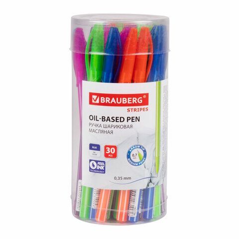 Ручка шариковая масляная BRAUBERG STRIPES СИНЯЯ корпус ассорти узел 0,7мм линия 0,35мм 1/30 Ручка шариковая масляная BRAUBERG STRIPES СИНЯЯ корпус ассорти узел 0,7мм линия 0,35мм 1/30