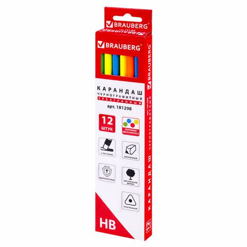 Карандаш ч/гр HB с ластиком трехгранный корпус неон ассорти Brauberg 1/12/2880 Карандаш ч/гр HB с ластиком трехгранный корпус неон ассорти Brauberg 1/12/2880