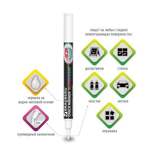 Маркер меловой белый 3,5мм сухостираемый BRAUBERG POP-ART 1/10 Маркер меловой белый 3,5мм сухостираемый BRAUBERG POP-ART 1/10