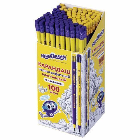 Карандаш ч/гр НВ пластиковый корпус ассорти с резинкой Юнландия 1/100