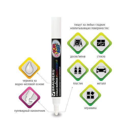 Маркер меловой белый 5мм сухостираемый BRAUBERG POP-ART 1/8 Маркер меловой белый 5мм сухостираемый BRAUBERG POP-ART 1/8