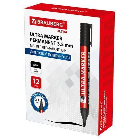 Маркер перманентный ULTRA MARKER, ЧЕРНЫЙ, 3,5 мм, с клипом, BRAUBERG 1/12